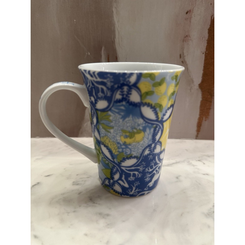 Lilly Pulitzer Blue Floral Monkey and Lemons Coffee‎ Tea Mug Excellent Condition